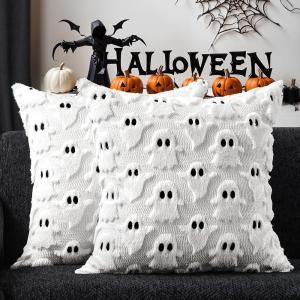 imageDFXSZ Halloween Pillow Covers 18x18 inch Set of 2 Black Ghost Throw Pillow Cases Soft Plush Faux Fur Wool Couch Cushion Case for Chair Sofa Bedroom Living Room Home Decor PTK03F18White Black