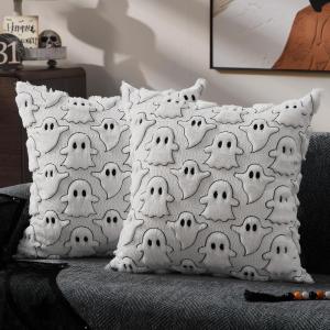 imageDFXSZ Halloween Pillow Covers 18x18 inch Set of 2 Black Ghost Throw Pillow Cases Soft Plush Faux Fur Wool Couch Cushion Case for Chair Sofa Bedroom Living Room Home Decor PTK03F18White Black Ghost