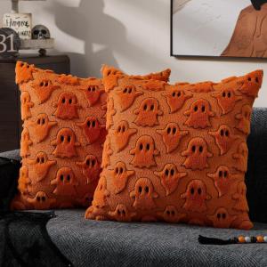 imageDFXSZ Halloween Pillow Covers 18x18 inch Set of 2 Black Ghost Throw Pillow Cases Soft Plush Faux Fur Wool Couch Cushion Case for Chair Sofa Bedroom Living Room Home Decor PTK03F18Orange Black Ghost
