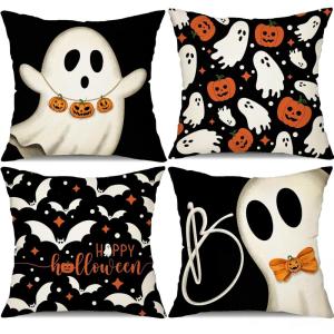 imageDFXSZ Halloween Pillow Covers 18x18 inch Set of 4 Halloween Decorations Ghost Pumpkins Bats Decor Holiday Pillow Case Farmhouse Decor for Home Sofa B107Black