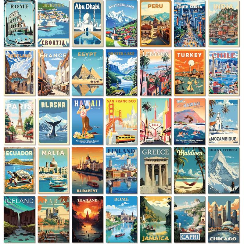 97 Decor Vintage Travel Decor  Travel Posters Wall Art Prints Vintage Postcards from Around The World City Landscape Aesthetic Pictures Retro Popular Cities Photo Collage Kit for Teen Bedroom 4x6Travel Collage