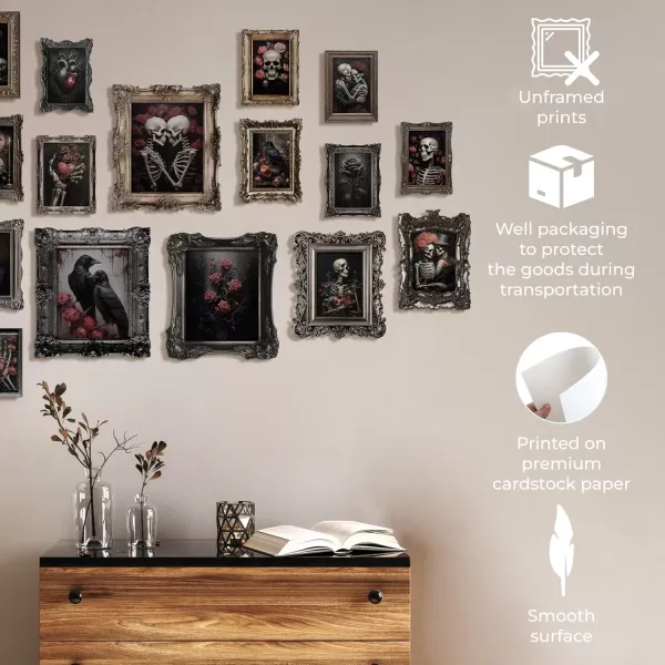 97 Decor 16 Pcs Floral Gothic Decor for Home  Pink Skull Wall Decor Goth Room Decor Creepy Halloween Wall Decor Spooky Art Prints Skull Pictures Gothic Posters for Bathroom Bedroom 8x10 Unframed