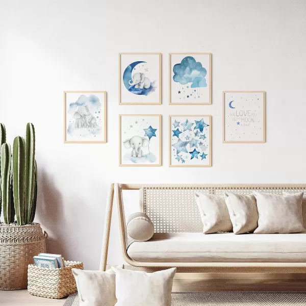 97 Decor Baby Girl Elephant Nursery Decor  Baby Boy Room Decorations for Nursery Wall Decor Blue Moon and Stars Nursery Art Prints Cute Elephant Poster Animal Picture for Bedroom 8x10 UNFRAMED