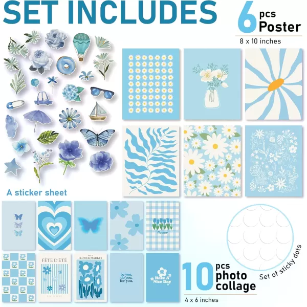 97 Decor Light Blue Wall Decor  Blue Room Decor Aesthetic White Blue Posters Light Blue Wall Art Prints Blue Floral Botanical Artwork Danish Pastel Daisy Flower Picture for Teen Girls DormBlue