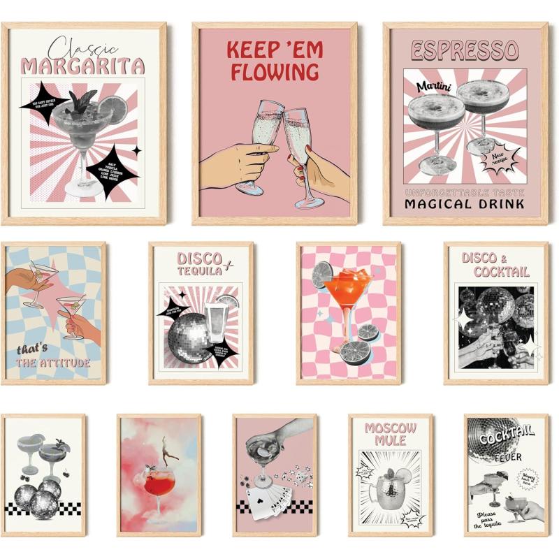 97 Decor Pink Bar Cart Decor  Vintage Cocktail Poster Alcohol Wall Art Cute Bar Cart Prints Retro Bar Art Wall Decor Drink Posters for Girl College Apartment Decor 8x10 Unframed