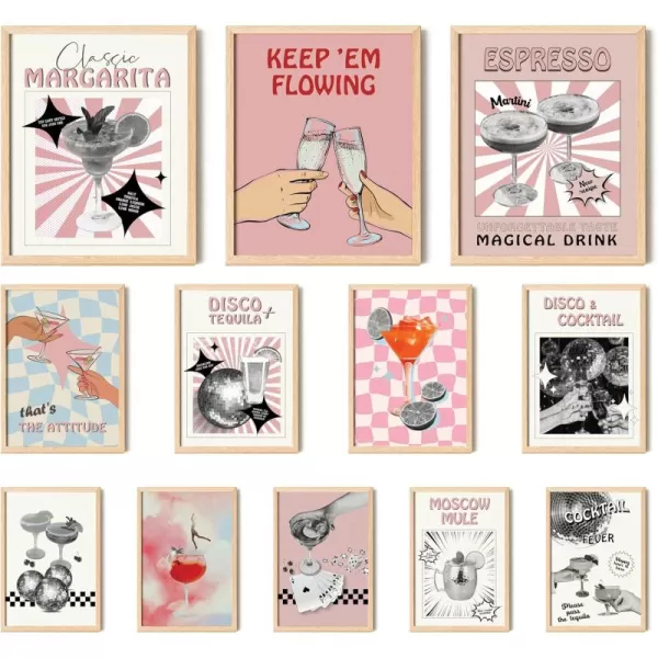 97 Decor Pink Bar Cart Decor  Vintage Cocktail Poster Alcohol Wall Art Cute Bar Cart Prints Retro Bar Art Wall Decor Drink Posters for Girl College Apartment Decor 8x10 Unframed