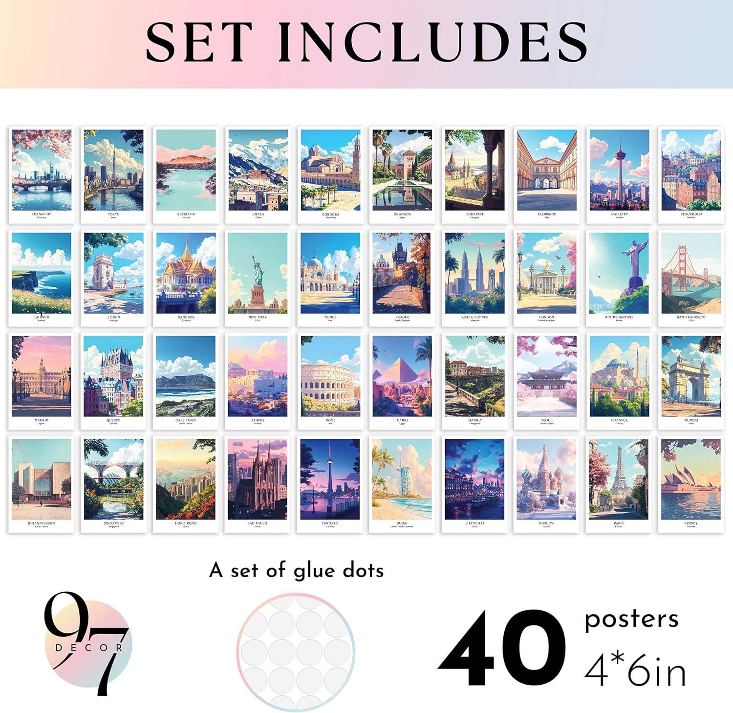 image97 DECOR Vintage Travel Decor Posters  World Travel Wall Art Prints Retro Popular Cities Photo Collage Kit Trendy City Landscape Aesthetic Pictures for Teen Dorm Bedroom Decorations 40 Pcs 4quotx6quotTravel