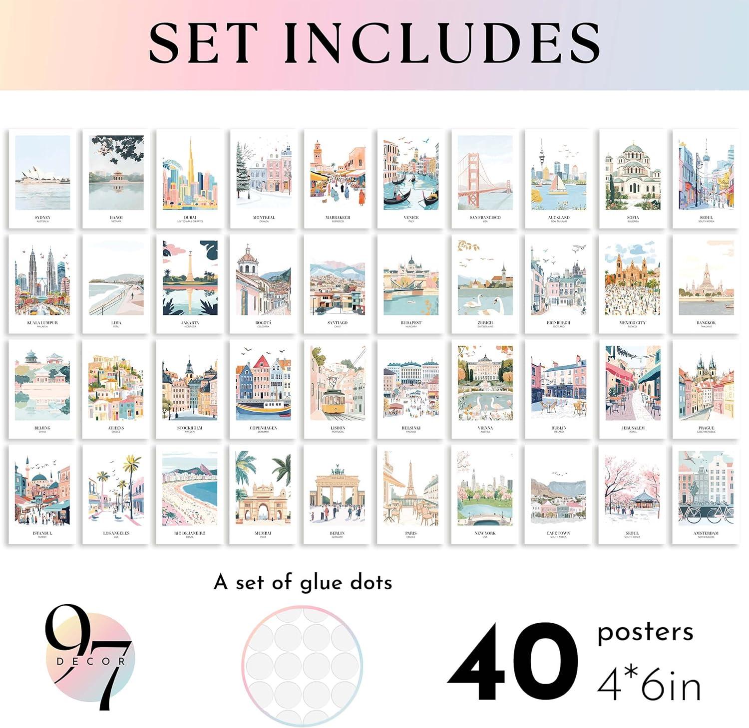 image97 DECOR Vintage Travel Decor Posters  World Travel Wall Art Prints Retro Popular Cities Photo Collage Kit Trendy City Landscape Aesthetic Pictures for Teen Dorm Bedroom Decorations 40 Pcs 4quotx6quotTravel 40x4x6