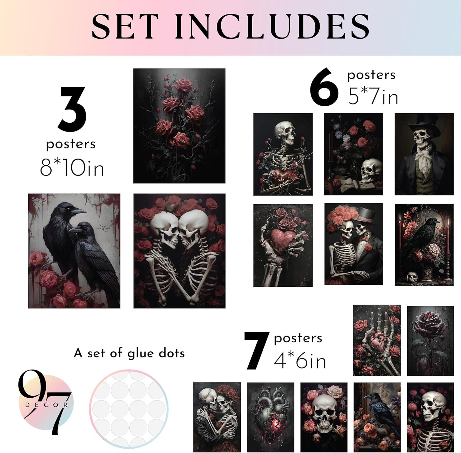 image97 Decor 16 Pcs Floral Gothic Decor for Home  Pink Skull Wall Decor Goth Room Decor Creepy Halloween Wall Decor