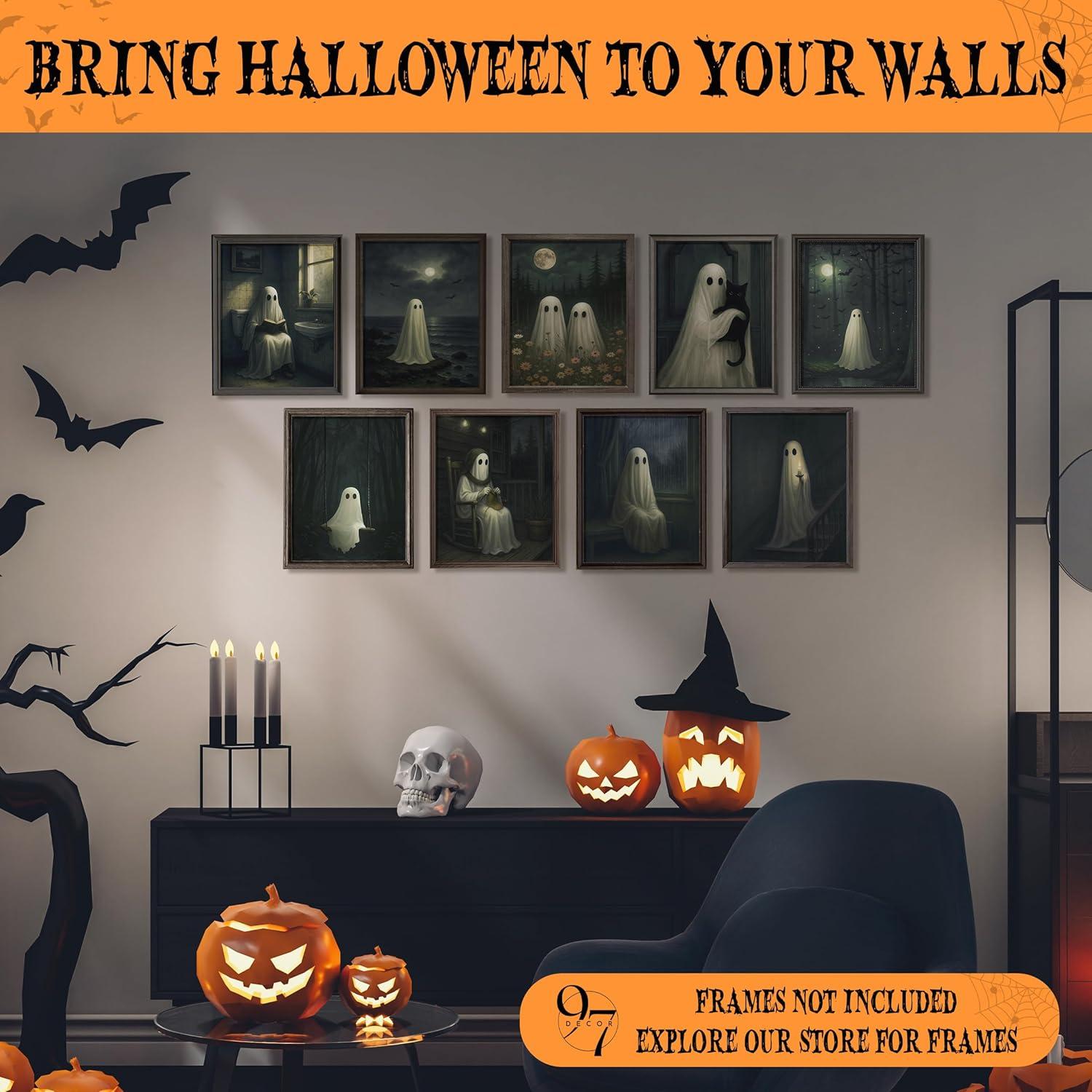 image97 Decor Cute Ghost Decor  Vintage Halloween Wall Art Prints Ghost Pictures Wall Decors Dark Spooky Poster For Room Aesthetic Pictures Halloween Decorations Indoor 2025 For Home Bedroom UnframedGhost Halloween