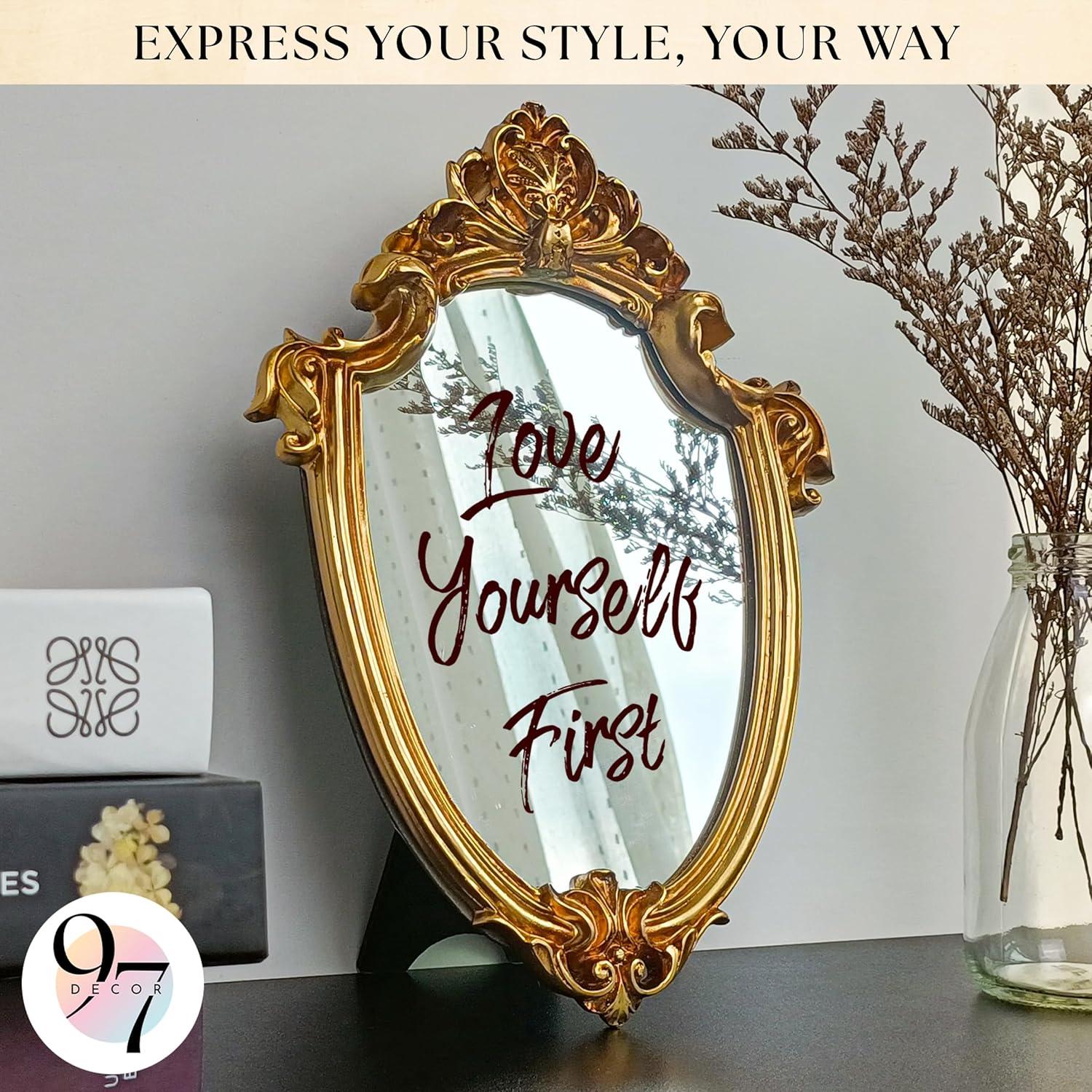 image97 Decor Decorative Gold Wall Mirror Vintage Decor  Small Antique Mirror for Table Top and Wall Mounting Ornate Vintage Mirrors Frame for Home Bedroom Makeup Room 116x9 InchRoyal Shield