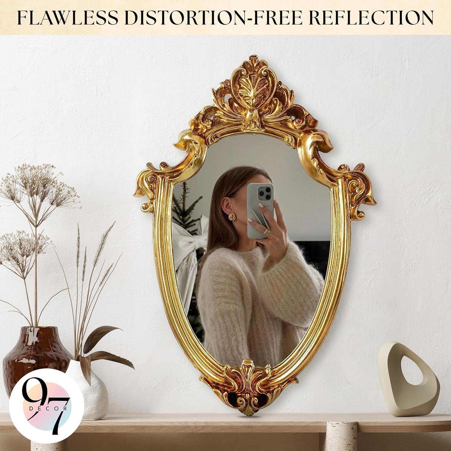 image97 Decor Decorative Gold Wall Mirror Vintage Decor  Small Antique Mirror for Table Top and Wall Mounting Ornate Vintage Mirrors Frame for Home Bedroom Makeup Room 116x9 InchRoyal Shield