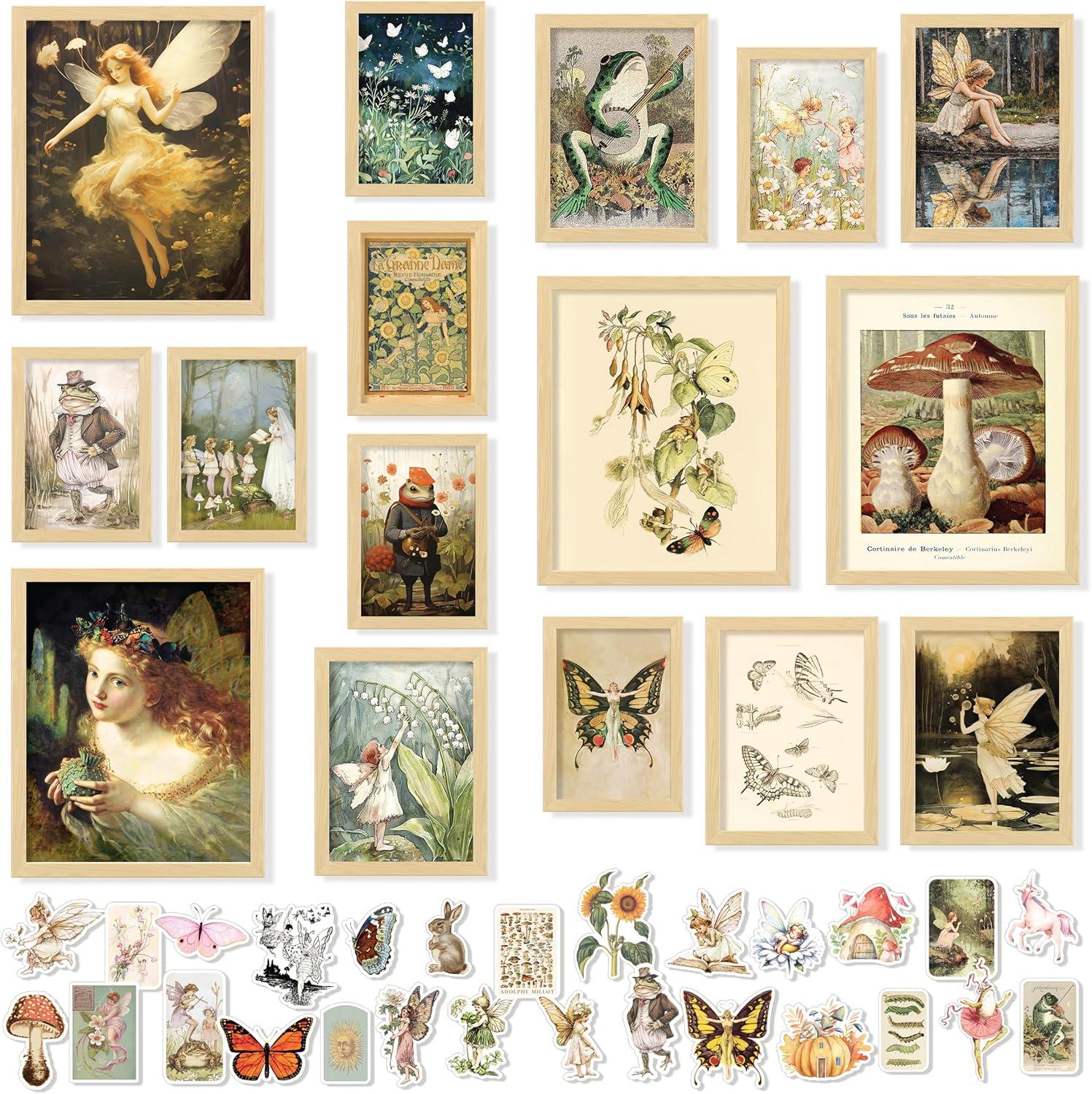 image97 Decor FRAMED 16PCS Vintage Fairycore Decor  Fairy Wall Decoration Aesthetic Cottage Wall Art Fairy Core Posters Fairy Art Prints Cottagecore Mushroom Pictures Earthy Fairy Decoration for Bedroom Home BEIGE FRAMEFairycore Gx8x10