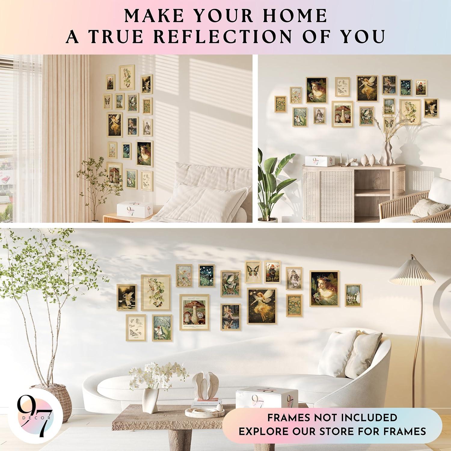 image97 Decor FRAMED 16PCS Vintage Fairycore Decor  Fairy Wall Decoration Aesthetic Cottage Wall Art Fairy Core Posters Fairy Art Prints Cottagecore Mushroom Pictures Earthy Fairy Decoration for Bedroom Home BEIGE FRAMEFairycore Gx8x10