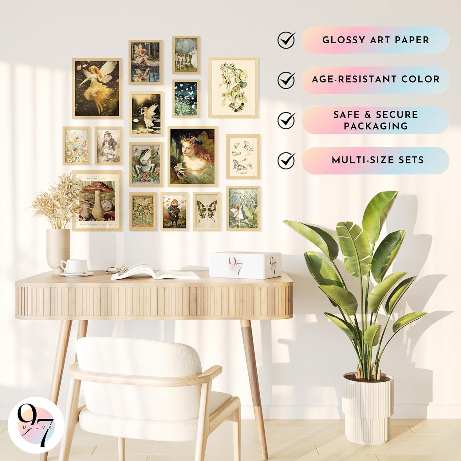 image97 Decor FRAMED 16PCS Vintage Fairycore Decor  Fairy Wall Decoration Aesthetic Cottage Wall Art Fairy Core Posters Fairy Art Prints Cottagecore Mushroom Pictures Earthy Fairy Decoration for Bedroom Home BEIGE FRAMEFairycore Gx8x10