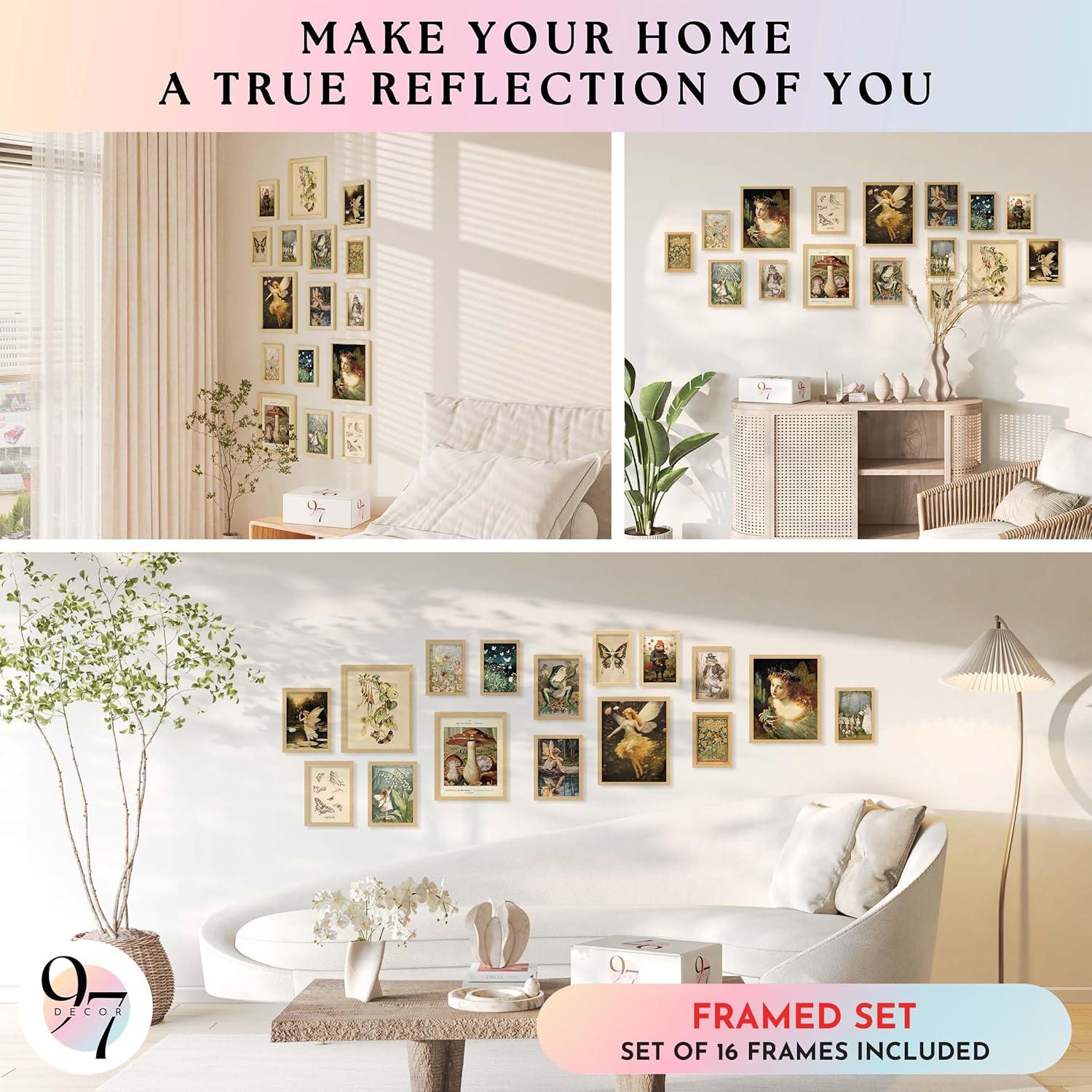 image97 Decor FRAMED 16PCS Vintage Fairycore Decor  Fairy Wall Decoration Aesthetic Cottage Wall Art Fairy Core Posters Fairy Art Prints Cottagecore Mushroom Pictures Earthy Fairy Decoration for Bedroom Home BEIGE FRAMEFairycore Gx8x10