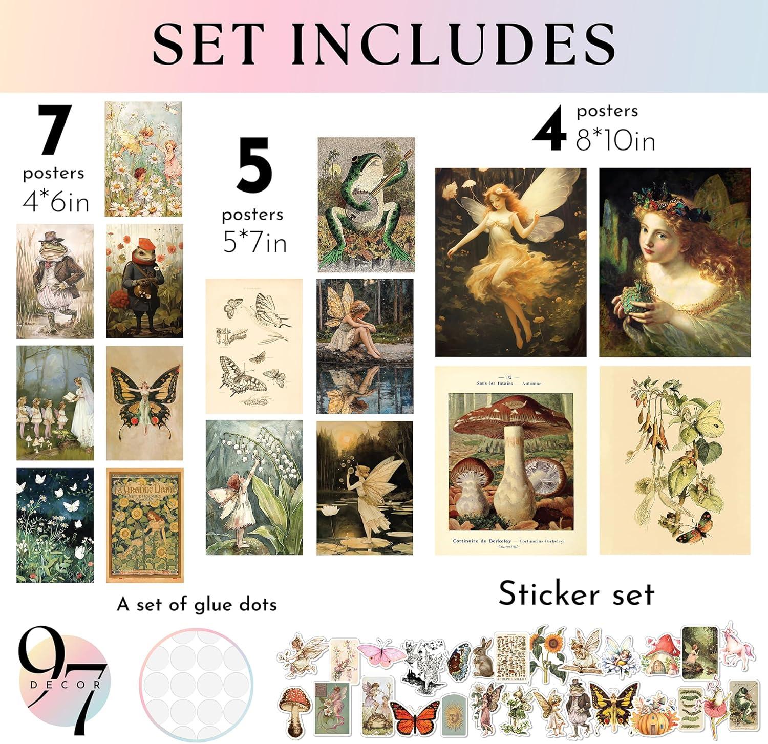image97 Decor FRAMED 16PCS Vintage Fairycore Decor  Fairy Wall Decoration Aesthetic Cottage Wall Art Fairy Core Posters Fairy Art Prints Cottagecore Mushroom Pictures Earthy Fairy Decoration for Bedroom Home BEIGE FRAMEFairycore Gx8x10