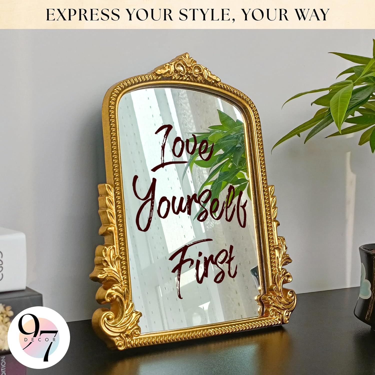 image97 Decor Gold Vintage Wall Mirror  Small Gold Mirror for Tabletop and Wall Hanging Antique Arch Frames for Desk Small Decorative Mirrors Frame for Home Bedroom Makeup Room Decor 118x96 InchClassic Arch