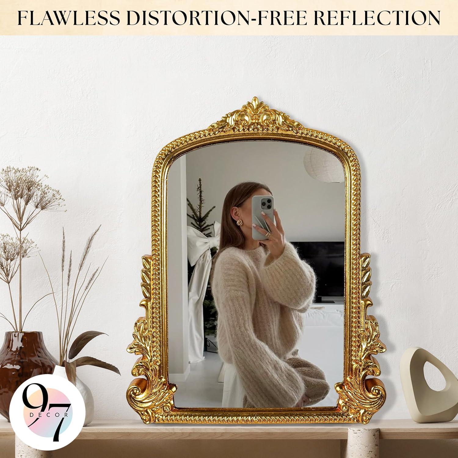 image97 Decor Gold Vintage Wall Mirror  Small Gold Mirror for Tabletop and Wall Hanging Antique Arch Frames for Desk Small Decorative Mirrors Frame for Home Bedroom Makeup Room Decor 118x96 InchClassic Arch