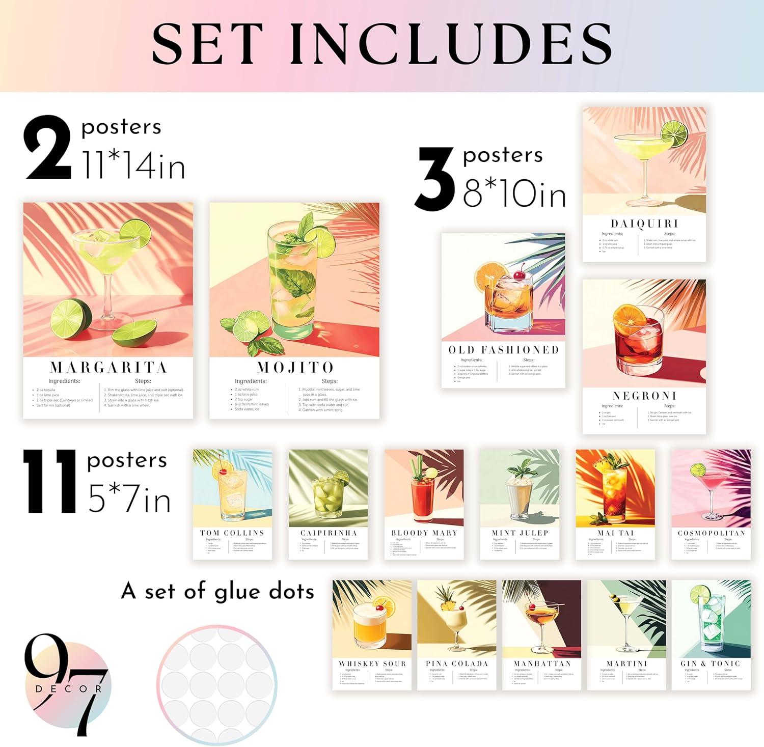image97 Decor Large 11x14 Vintage Cocktail Poster  Colorful Cocktail Wall Art Retro Bar Cart Decor And Accessories Cute Apartment Aesthetic Pictures Cocktails Recipe Art For College Dorm UnframedCocktail Color Pop