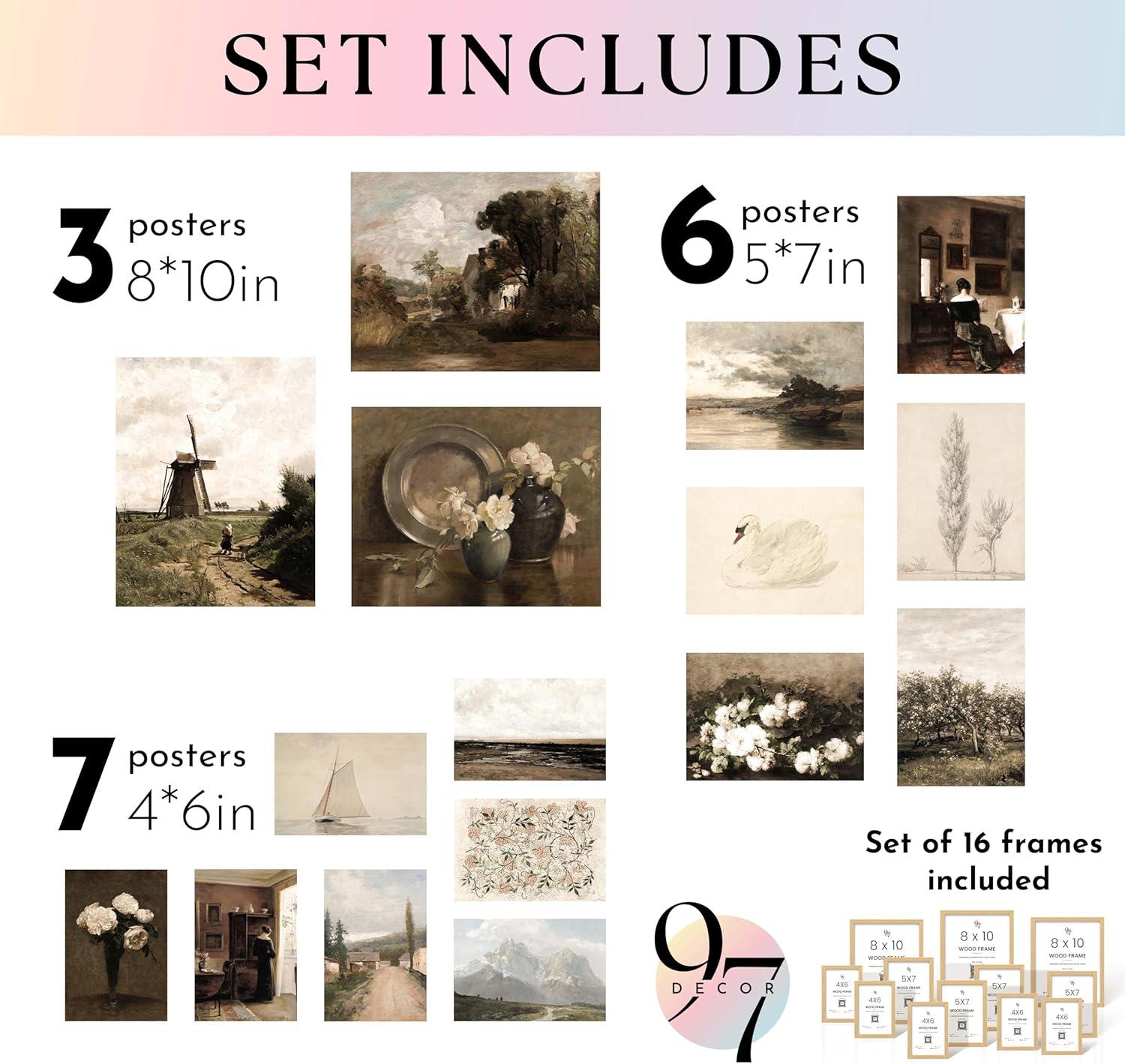 image97 Decor Vintage 16PCS FRAMED Wall Art  Framed Vintage Wall Art Prints Vintage Posters For Room Aesthetic Lanscape Prints For Wall Decor Moody Gallery Wall Pictures Botanical Paintings For Home Bedroom BEIGE FRAMEVintage