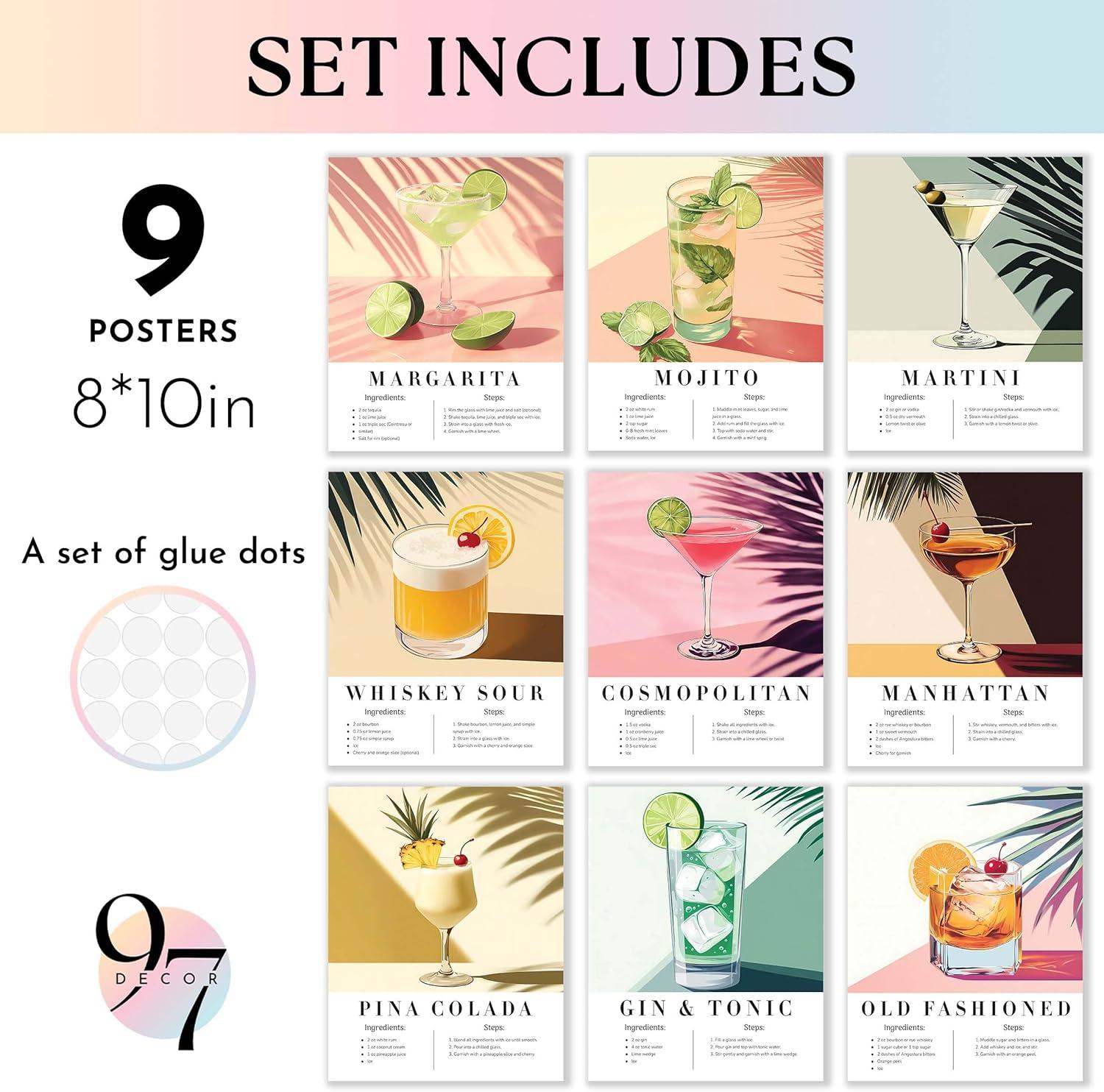 image97 Decor Vintage Cocktail Poster  Colorful Cocktail Wall Art Retro Bar Cart Decor And Accessories Cute Apartment Decor Aesthetic Pictures Drink Cocktail Recipe Art For College Dorm 8x10 Unframed