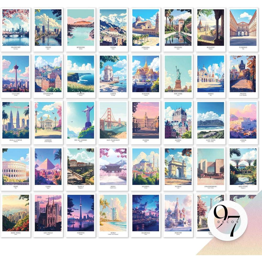 image97 DECOR Vintage Travel Decor Posters  World Travel Wall Art Prints Retro Popular Cities Photo Collage Kit Trendy City Landscape Aesthetic Pictures for Teen Dorm Bedroom Decorations 40 Pcs 4quotx6quotTravel