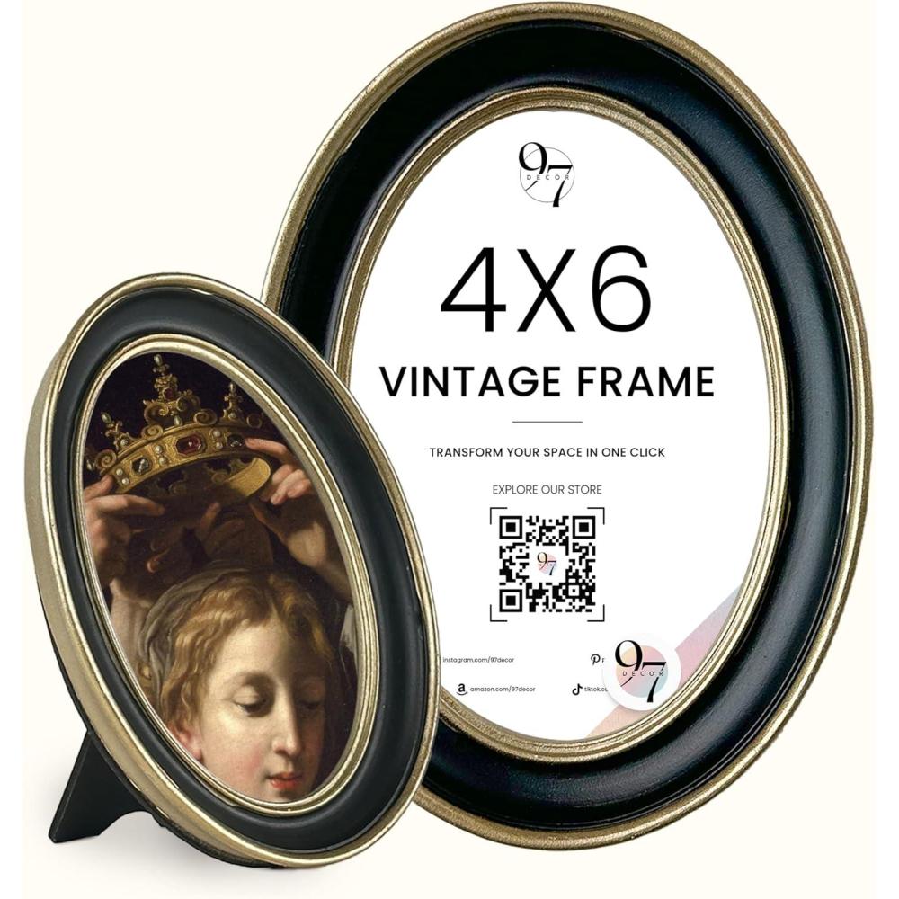 image97 Decor Black And Gold Vintage Picture Frames 4x6  Vintage Oval Picture Frame 4x6 Elegant 4 X 6 Antique Frame With Glass Front For Photo Display Tabletop And Wall MountingBlack Gold Oval