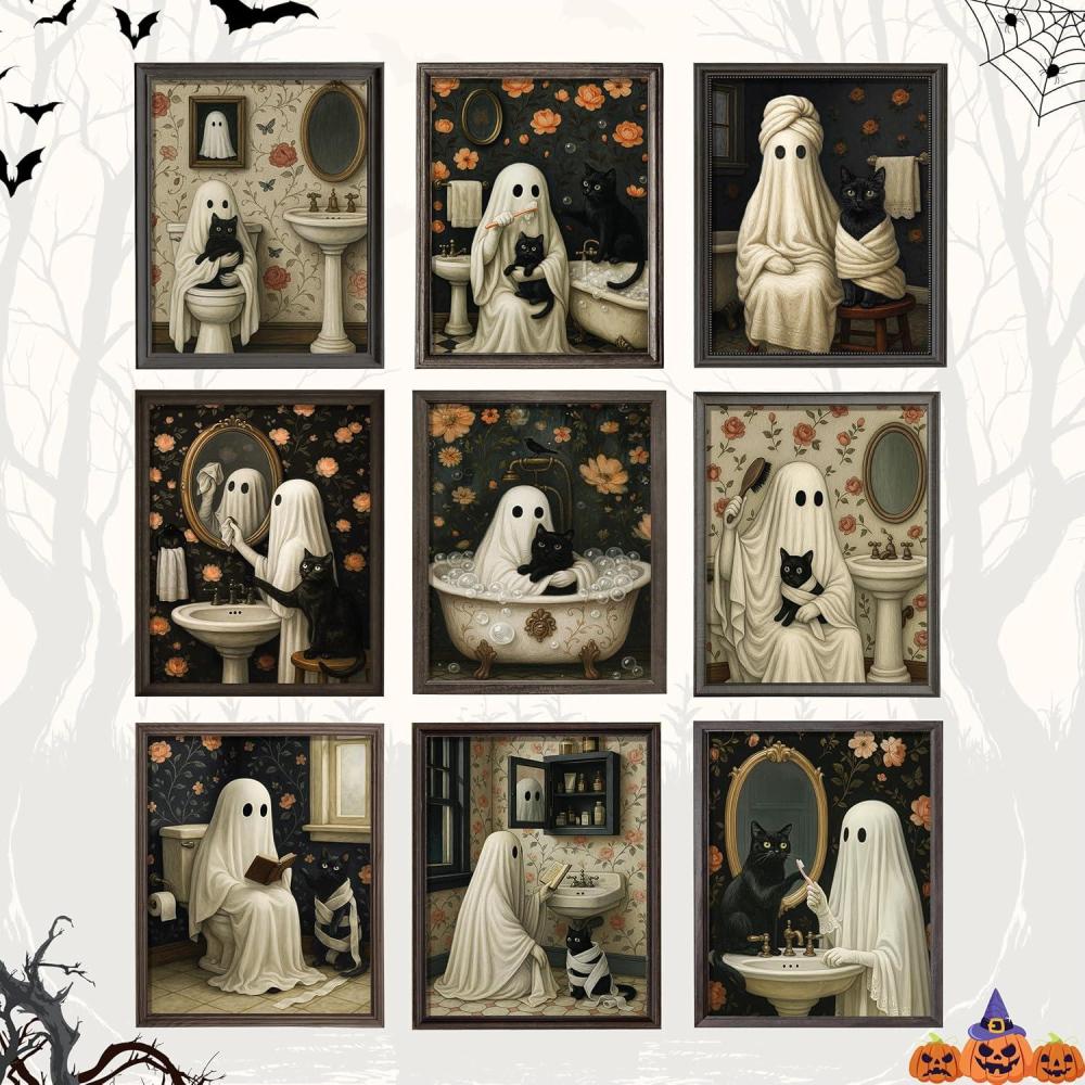 image97 Decor Halloween Bathroom Decor  Vintage Ghost Wall Art Prints Gothic Bathroom Wall Art Posters For Room Aesthetic Spooky Ghost Pictures Cute Halloween Decorations Indoor For Home unframedHalloween Bathroom