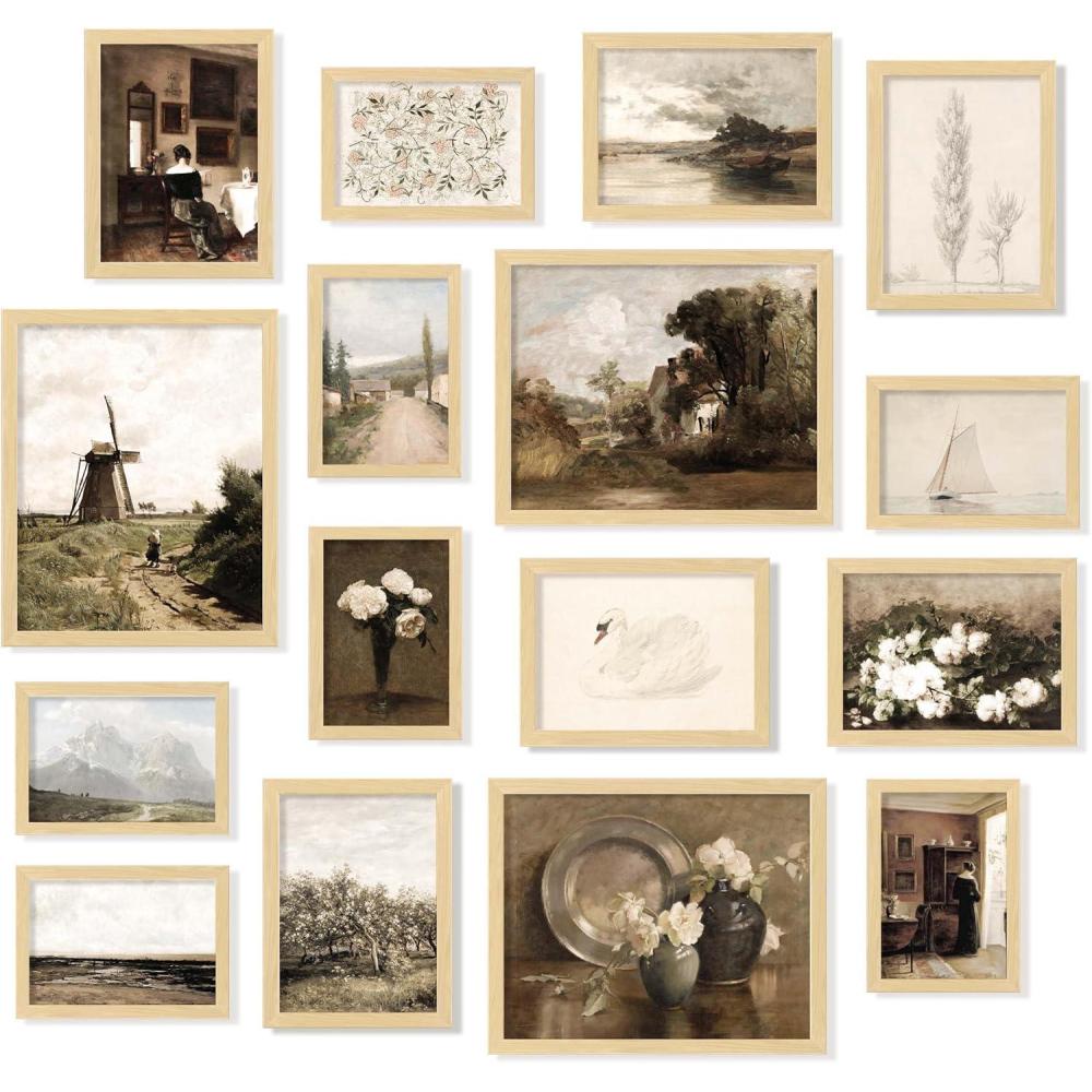 image97 Decor Vintage 16PCS FRAMED Wall Art  Framed Vintage Wall Art Prints Vintage Posters For Room Aesthetic Lanscape Prints For Wall Decor Moody Gallery Wall Pictures Botanical Paintings For Home Bedroom BEIGE FRAMEVintage