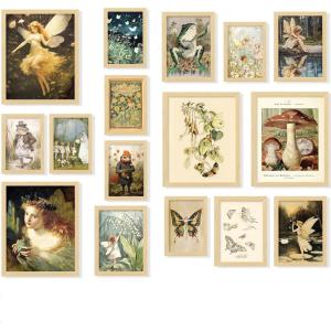 image97 Decor FRAMED 16PCS Vintage Fairycore Decor  Fairy Wall Decoration Aesthetic Cottage Wall Art Fairy Core Posters Fairy Art Prints Cottagecore Mushroom Pictures Earthy Fairy Decoration for Bedroom Home BEIGE FRAMEFairycore Gx8x10