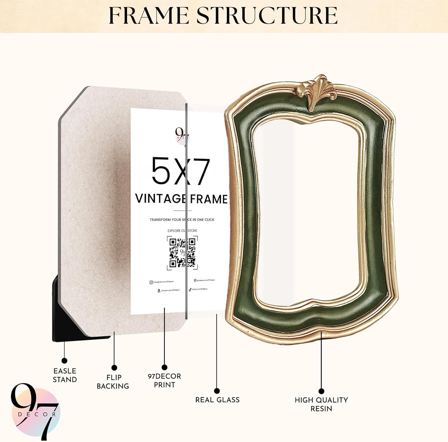 image97 Decor Small Vintage Picture Frames 5x7  Old Fashioned Ornate 5 x7 Frame Antique Frame 5x7 Dark Green Unique Photo Frames With Glass Front For Tabletop And Wall Hanging Vintage Wall Decor