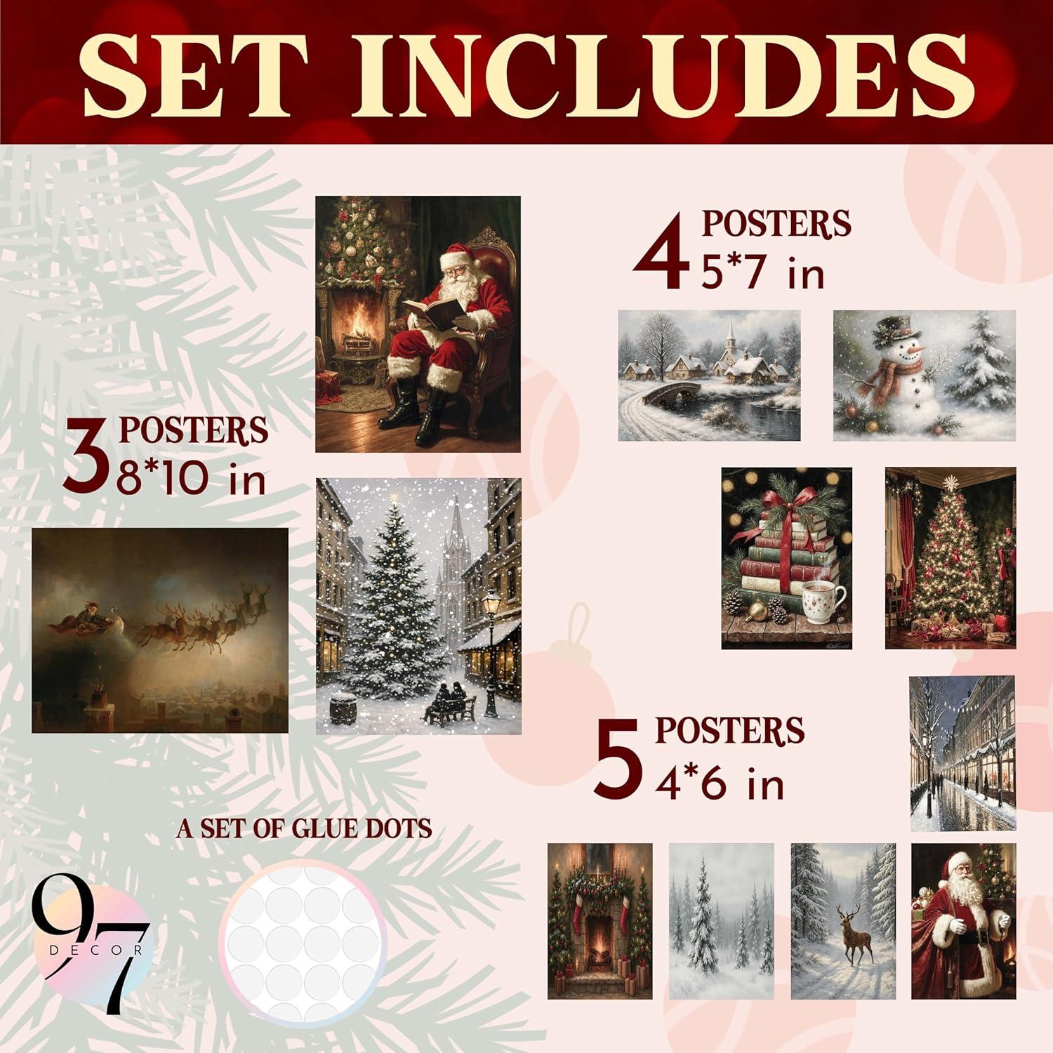 image97 Decor Vintage Christmas Prints Unframed  Moody Christmas Pictures Wall Decor Aesthetic Holiday Poster Winter Art Reindeer Pine Tree Photo Santa Artwork Retro Xmas Painting For Home BedroomVintage Christmas
