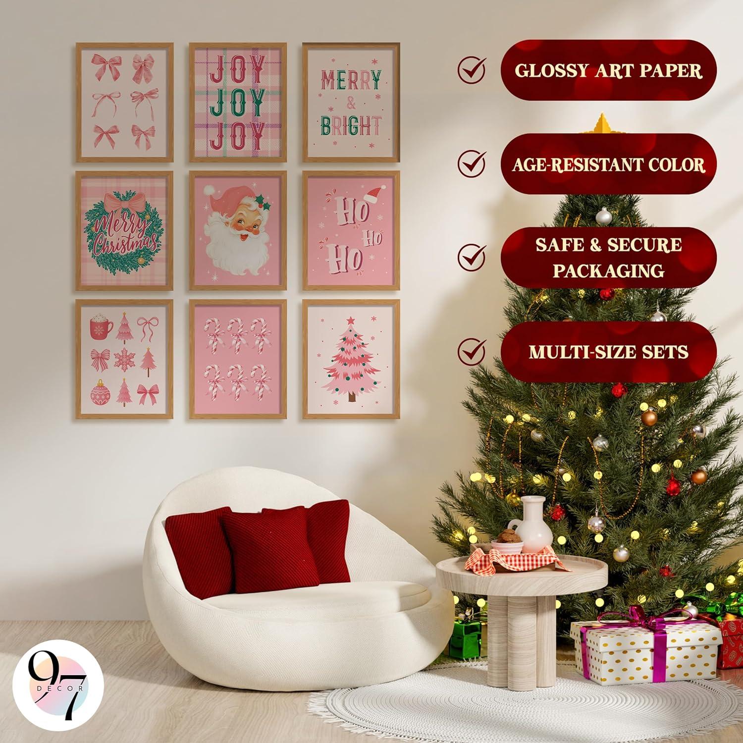 image97 Decor Vintage Christmas Prints Unframed  Moody Christmas Pictures Wall Decor Aesthetic Holiday Poster Winter Art Reindeer Pine Tree Photo Santa Artwork Retro Xmas Painting For Home BedroomPink Christmas