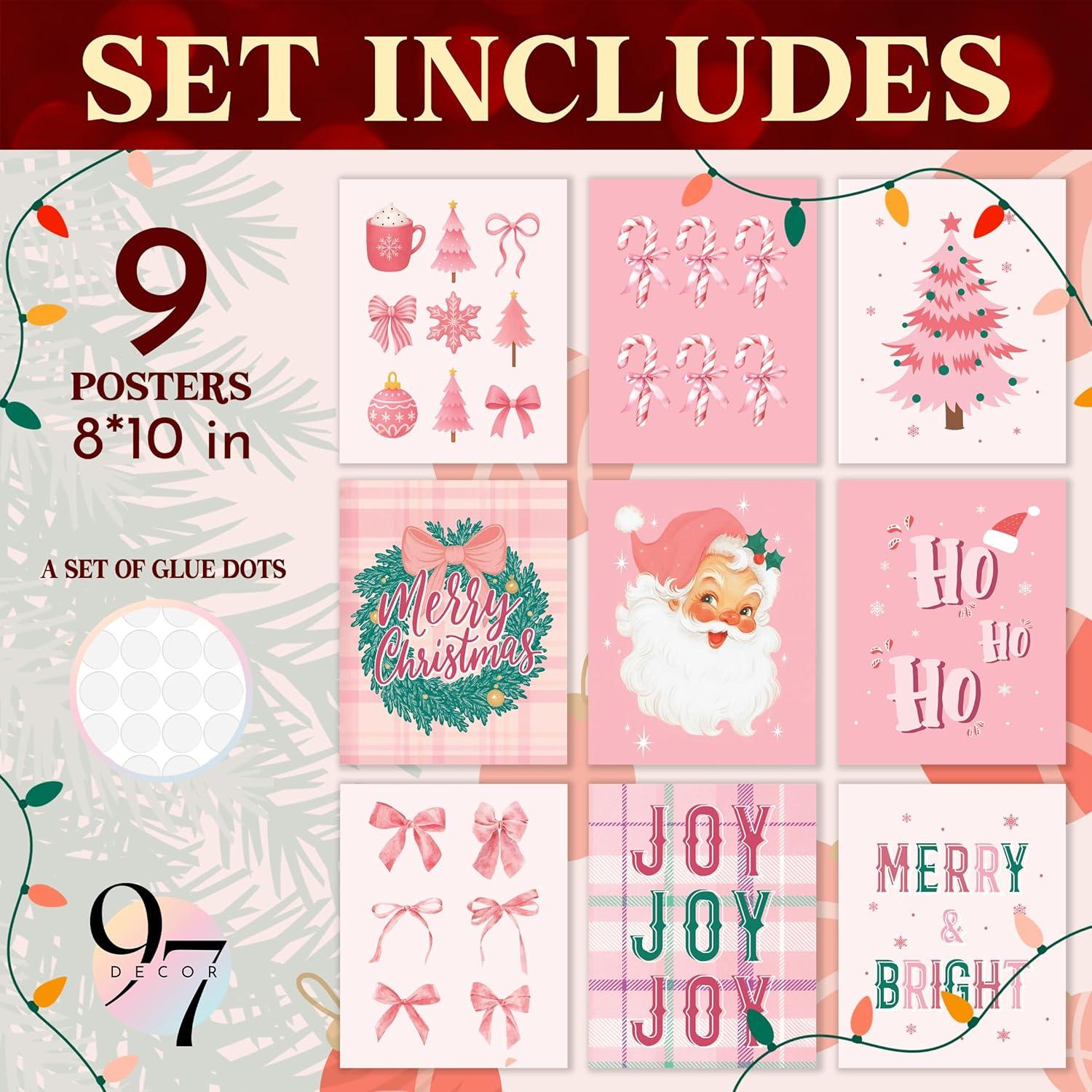 image97 Decor Vintage Christmas Prints Unframed  Moody Christmas Pictures Wall Decor Aesthetic Holiday Poster Winter Art Reindeer Pine Tree Photo Santa Artwork Retro Xmas Painting For Home BedroomPink Christmas