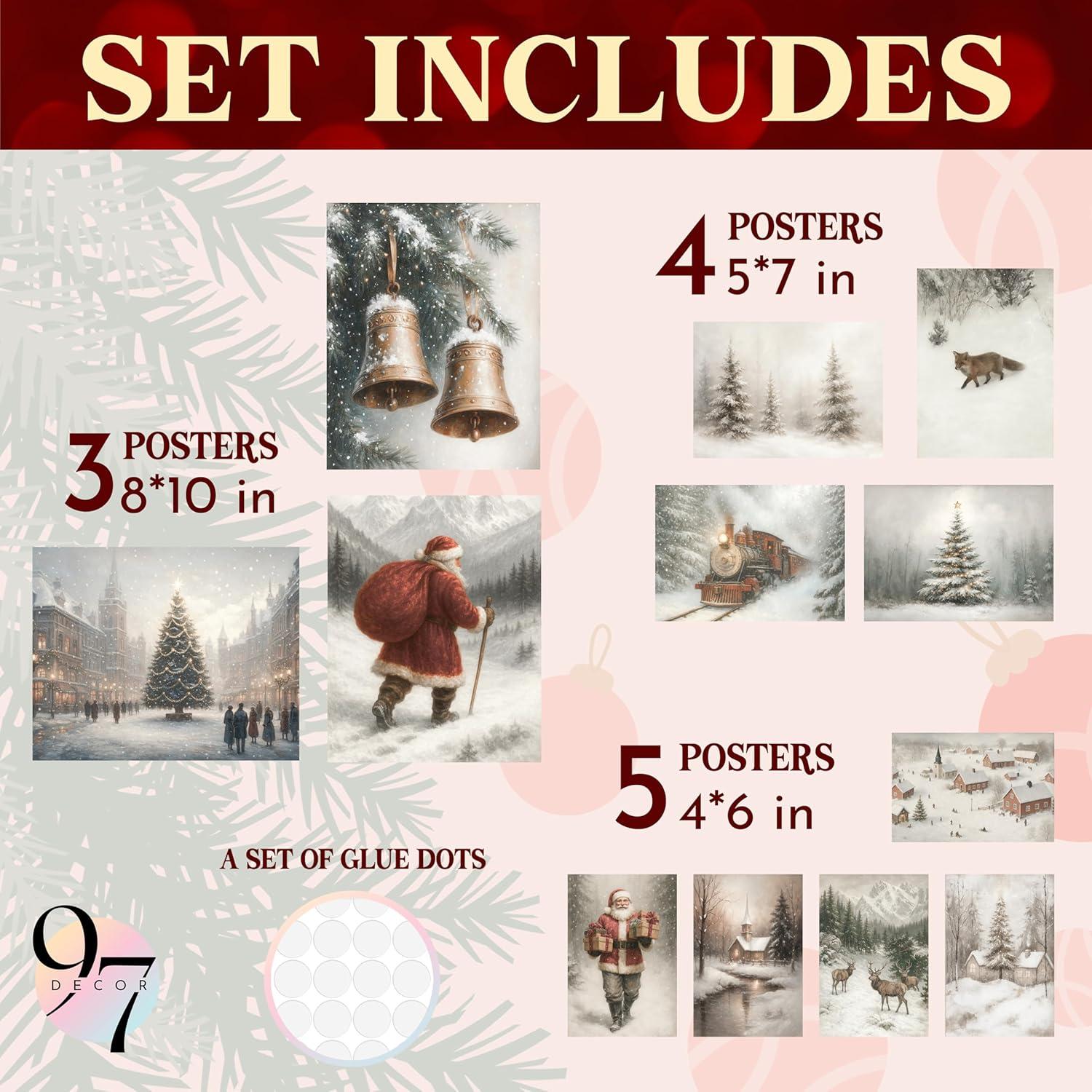 image97 Decor Vintage Christmas Prints Unframed  Rustic Christmas Wall Art Winter Pictures Wall Decor Aesthetic Pine Tree Prints Reindeer Poster Xmas Artwork Santa Photo Holiday Decorations For BedroomWhite Vintage
