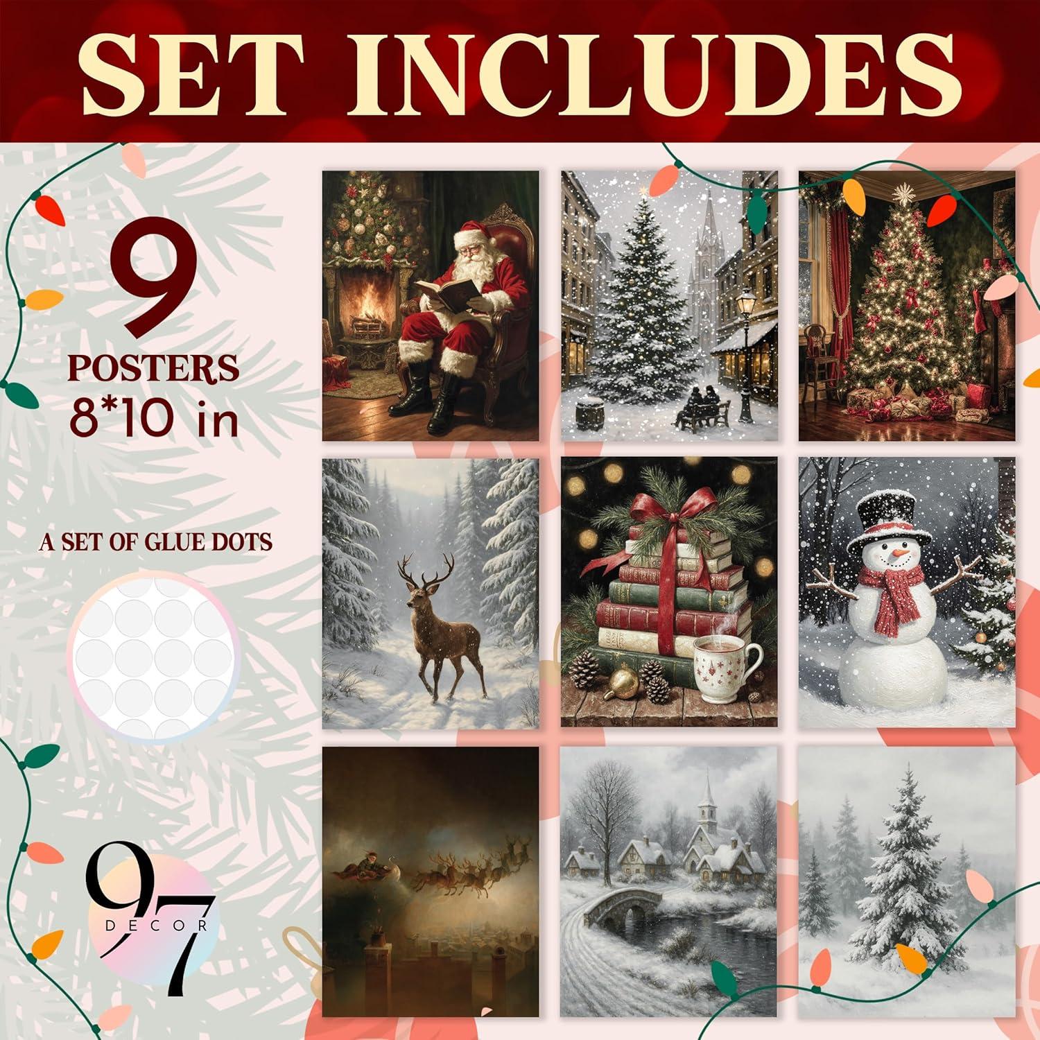image97 Decor Vintage Christmas Prints Unframed  Rustic Christmas Wall Art Winter Pictures Wall Decor Aesthetic Pine Tree Prints Reindeer Poster Xmas Artwork Santa Photo Holiday Decorations For BedroomVintage 9Pcs