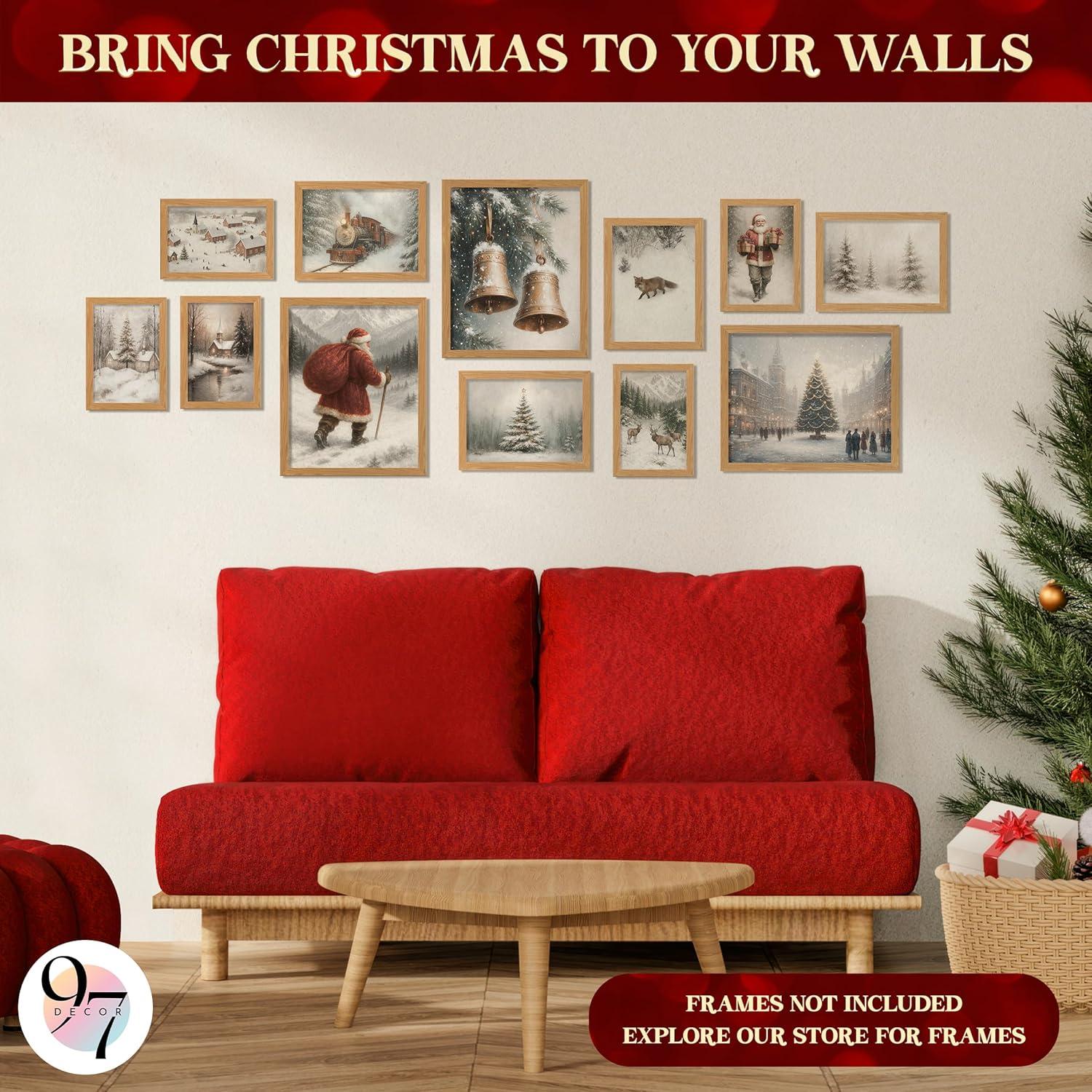 image97 Decor Vintage Christmas Prints Unframed  Rustic Christmas Wall Art Winter Pictures Wall Decor Aesthetic Pine Tree Prints Reindeer Poster Xmas Artwork Santa Photo Holiday Decorations For BedroomWhite Vintage