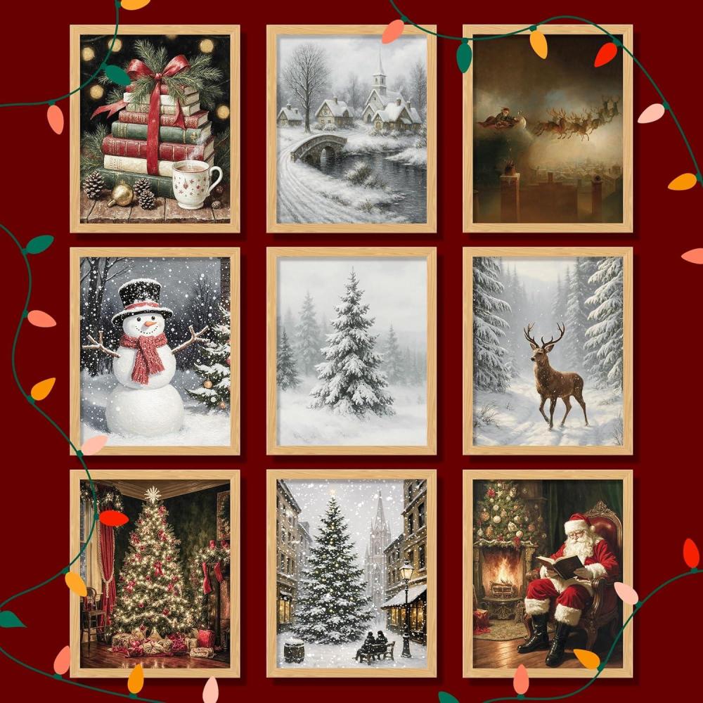 image97 Decor Vintage Christmas Prints Unframed  Rustic Christmas Wall Art Winter Pictures Wall Decor Aesthetic Pine Tree Prints Reindeer Poster Xmas Artwork Santa Photo Holiday Decorations For BedroomVintage 9Pcs