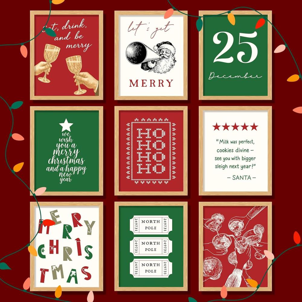 image97 Decor Vintage Christmas Prints Unframed  Rustic Christmas Wall Art Winter Pictures Wall Decor Aesthetic Pine Tree Prints Reindeer Poster Xmas Artwork Santa Photo Holiday Decorations For BedroomChristmas 9Pcs