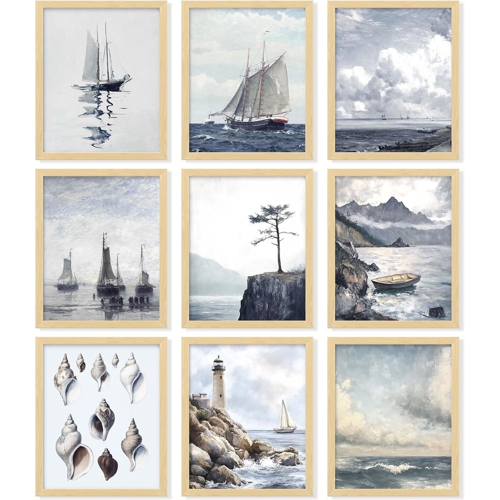 image:image97 Decor FRAMED Coastal Vintage Wall Art  Large Seascape Wall Art Nautical Vintage Wall Decor Retro Sea Landscape Wall Art Prints Antique Sailboat Nautical Art Pictures for Home BedroomBright Coastal 9x8x10