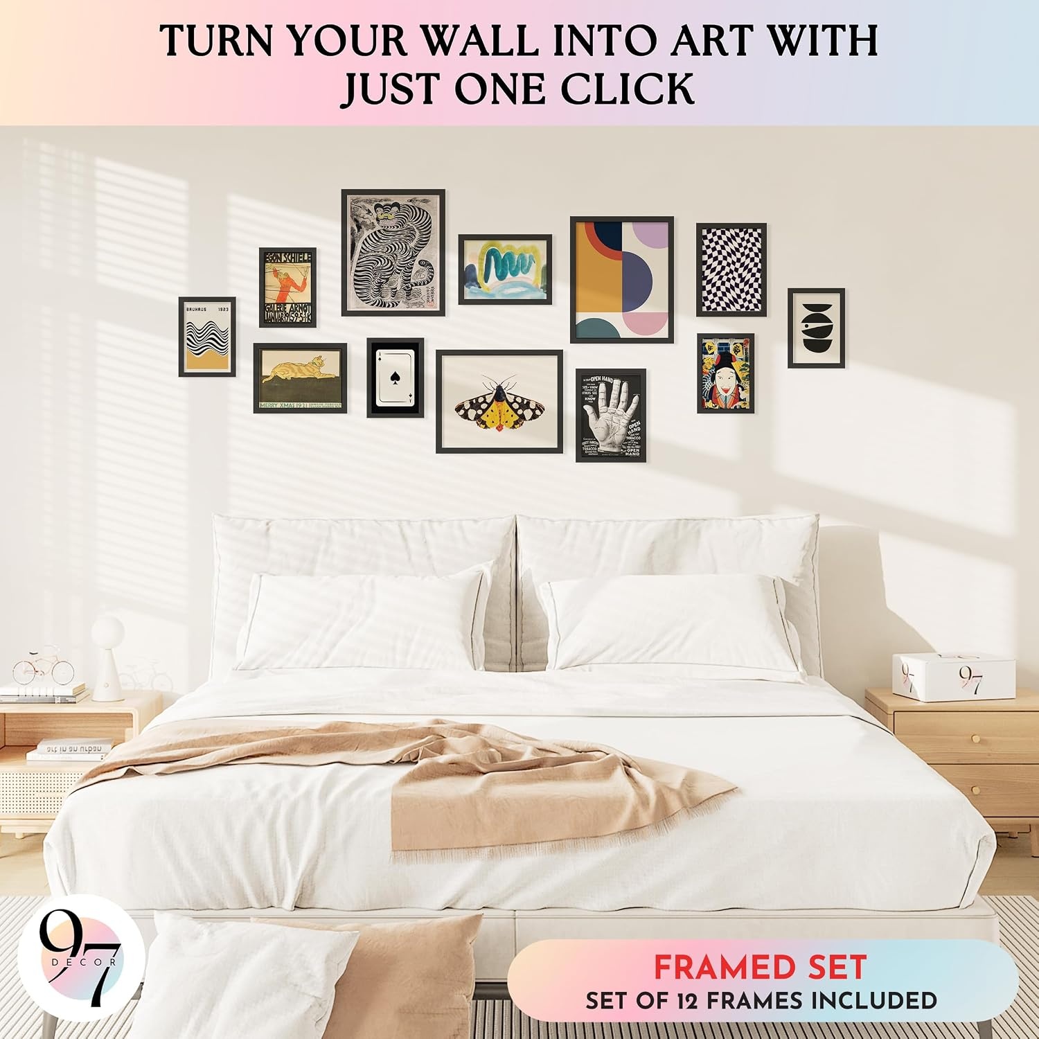 image:image97 Decor Colorful Eclectic Wall Art 12 Framed Prints Black Frame  3 pcs 8x10 4 pcs 5x7 5 pcs 4x6 pop art and dopamine decor gallery wall for dorm living room bedroomEclectic Folk Art