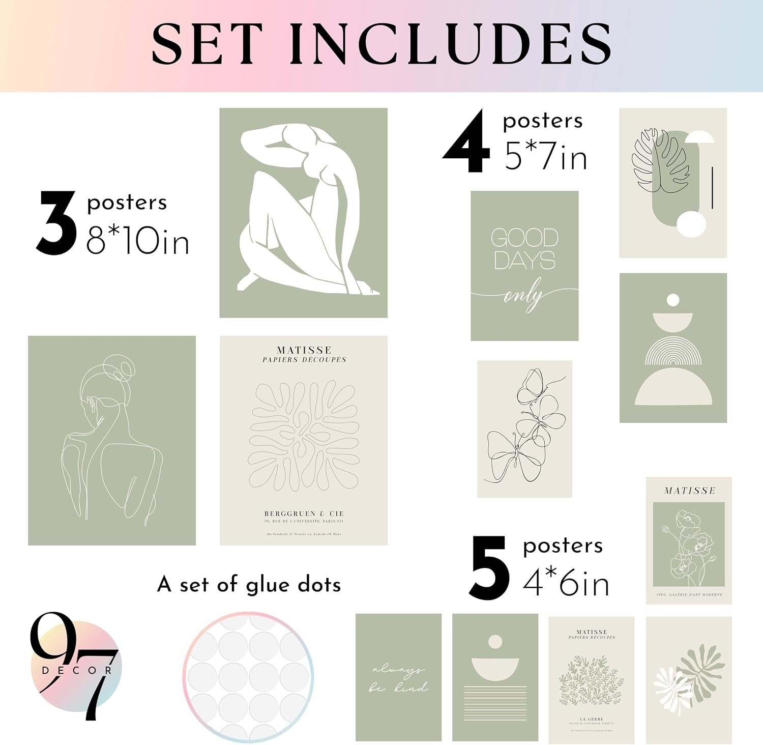 image:image97 Decor Colorful Eclectic Wall Art 12 Framed Prints Black Frame  3 pcs 8x10 4 pcs 5x7 5 pcs 4x6 pop art and dopamine decor gallery wall for dorm living room bedroomSage Green Soft