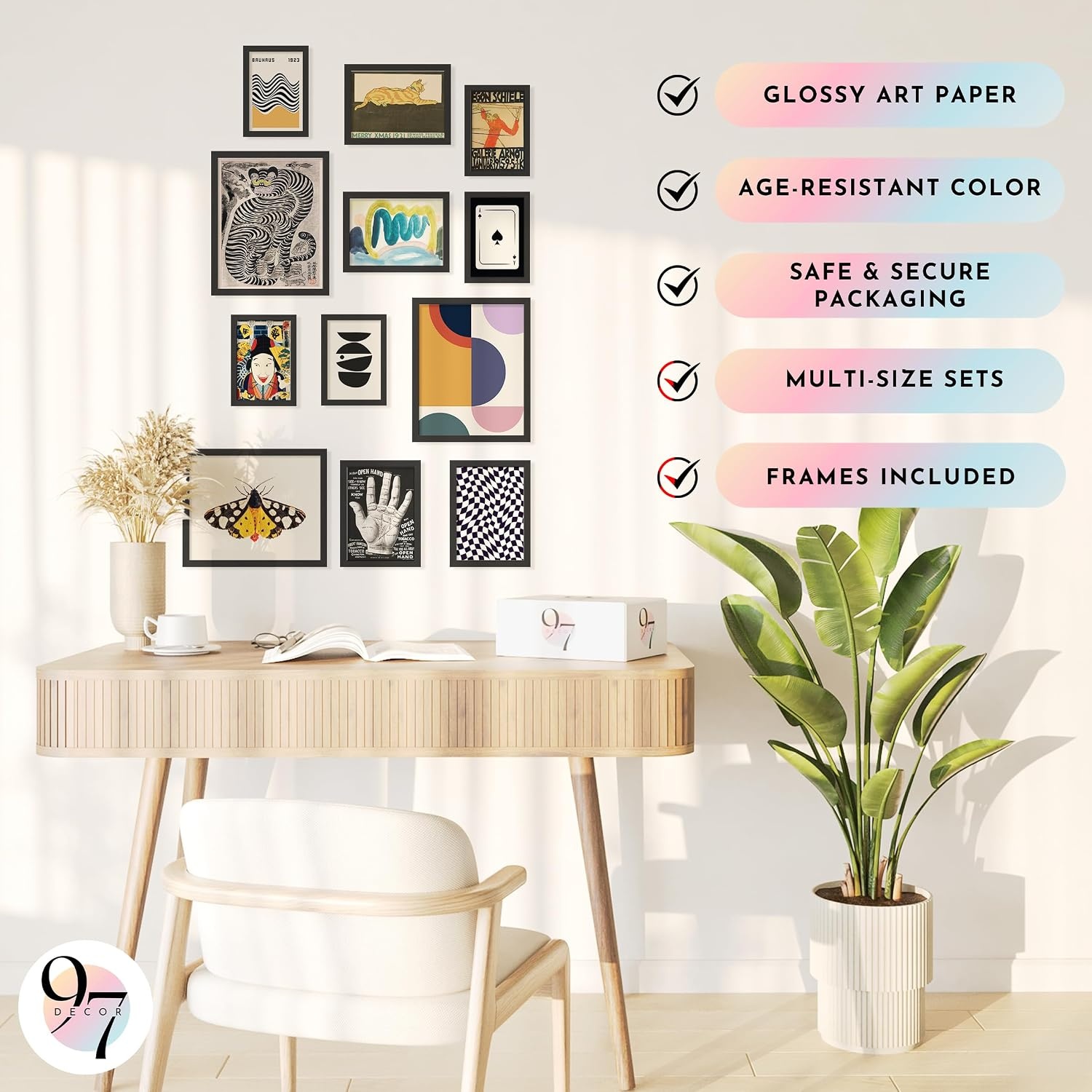 image:image97 Decor Colorful Eclectic Wall Art 12 Framed Prints Black Frame  3 pcs 8x10 4 pcs 5x7 5 pcs 4x6 pop art and dopamine decor gallery wall for dorm living room bedroomEclectic Folk Art