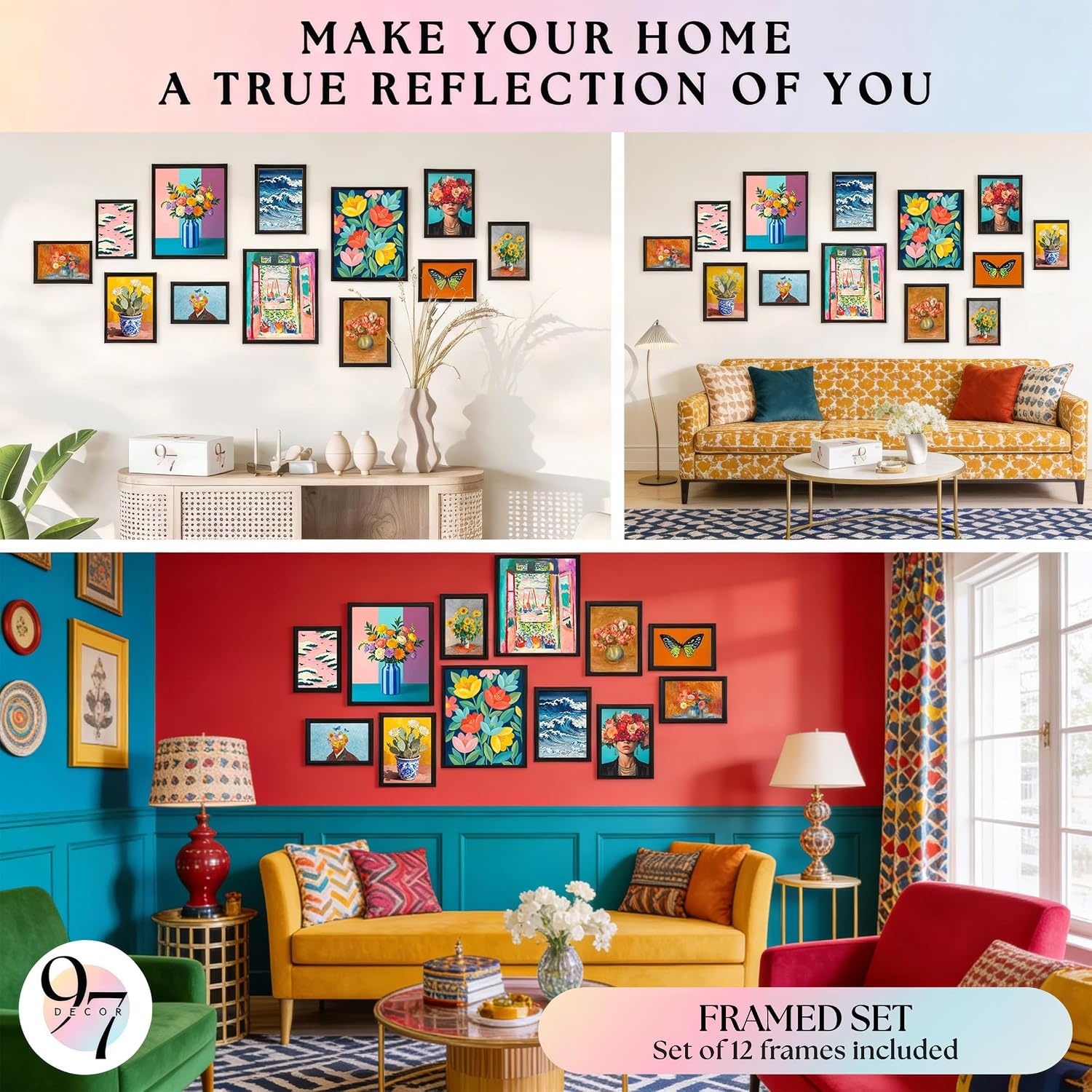 image:image97 Decor Colorful Eclectic Wall Art 12 Framed Prints Black Frame  3 pcs 8x10 4 pcs 5x7 5 pcs 4x6 pop art and dopamine decor gallery wall for dorm living room bedroomColorful Eclectic