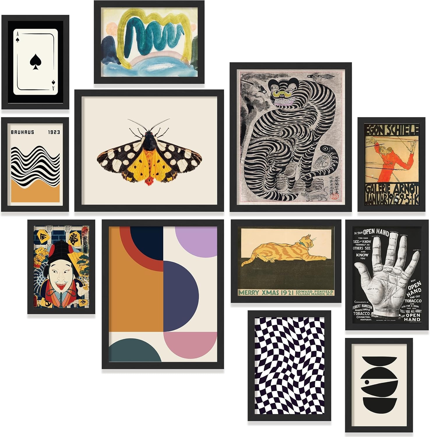 image:image97 Decor Colorful Eclectic Wall Art 12 Framed Prints Black Frame  3 pcs 8x10 4 pcs 5x7 5 pcs 4x6 pop art and dopamine decor gallery wall for dorm living room bedroomEclectic Folk Art