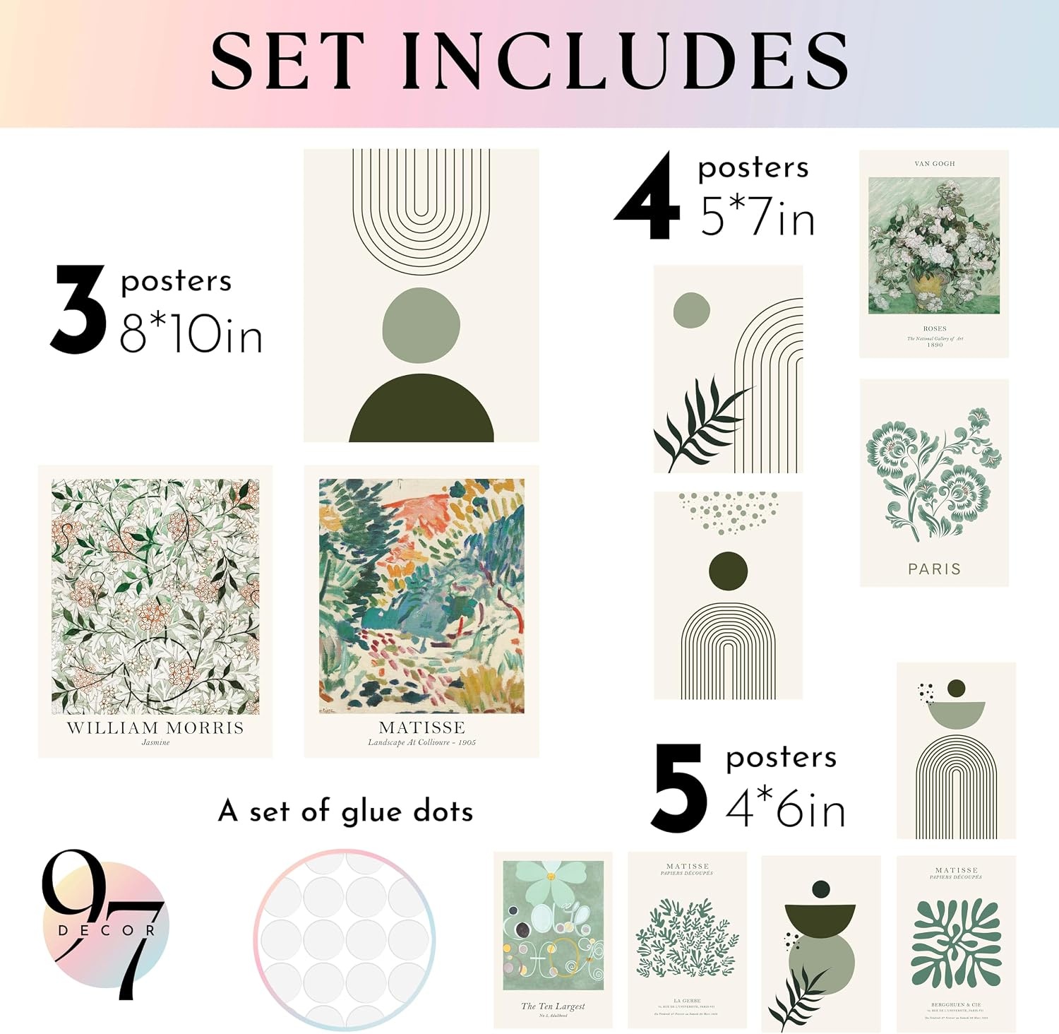 image:image97 Decor Colorful Eclectic Wall Art 12 Framed Prints Black Frame  3 pcs 8x10 4 pcs 5x7 5 pcs 4x6 pop art and dopamine decor gallery wall for dorm living room bedroomSage Green Gx8x10