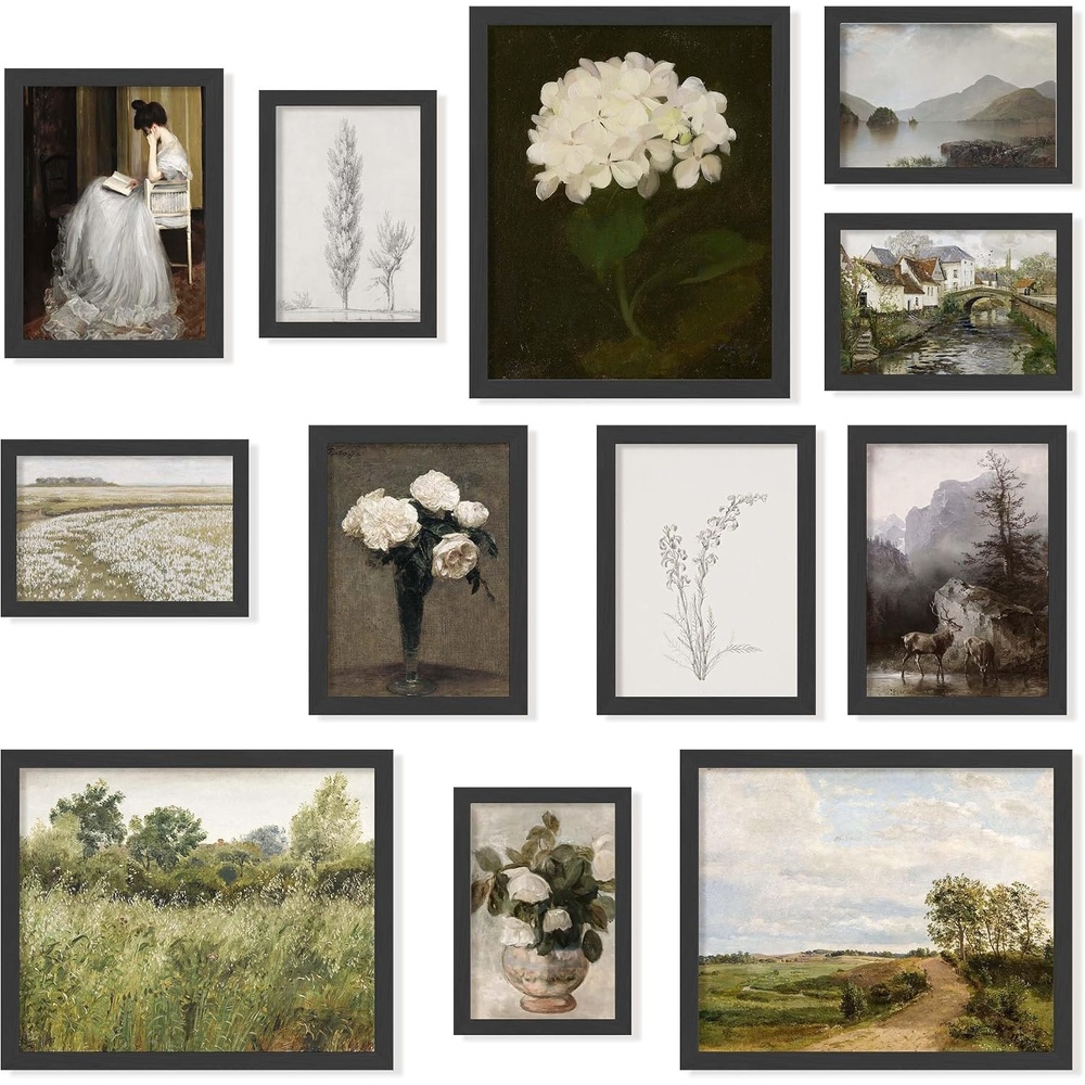 image:image97 Decor Colorful Eclectic Wall Art 12 Framed Prints Black Frame  3 pcs 8x10 4 pcs 5x7 5 pcs 4x6 pop art and dopamine decor gallery wall for dorm living room bedroomVintage