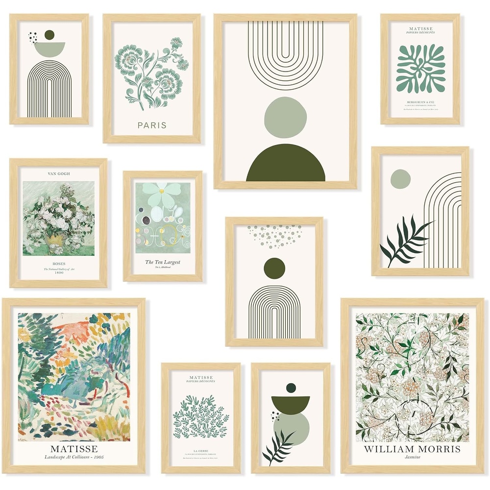 image:image97 Decor Colorful Eclectic Wall Art 12 Framed Prints Black Frame  3 pcs 8x10 4 pcs 5x7 5 pcs 4x6 pop art and dopamine decor gallery wall for dorm living room bedroomSage Green Gx8x10