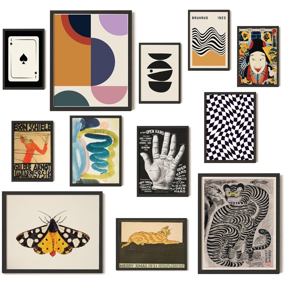 image:image97 Decor Colorful Eclectic Wall Art 12 Framed Prints Black Frame  3 pcs 8x10 4 pcs 5x7 5 pcs 4x6 pop art and dopamine decor gallery wall for dorm living room bedroomEclectic Folk Art